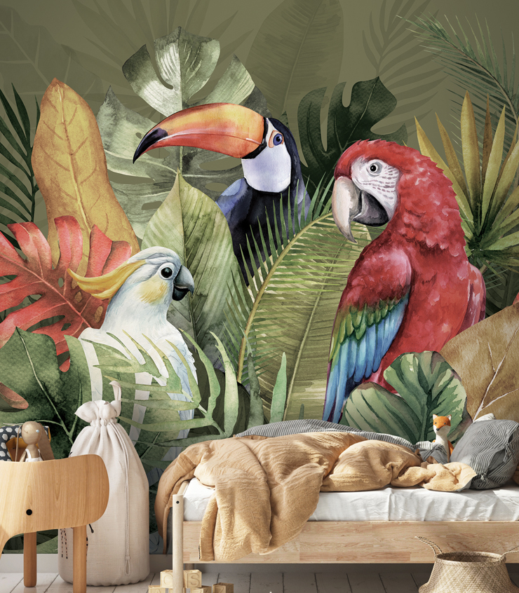 PrintsbyNature-Jungle-Animals-Green-Tropical-Birds-Leaves-Kidsroom