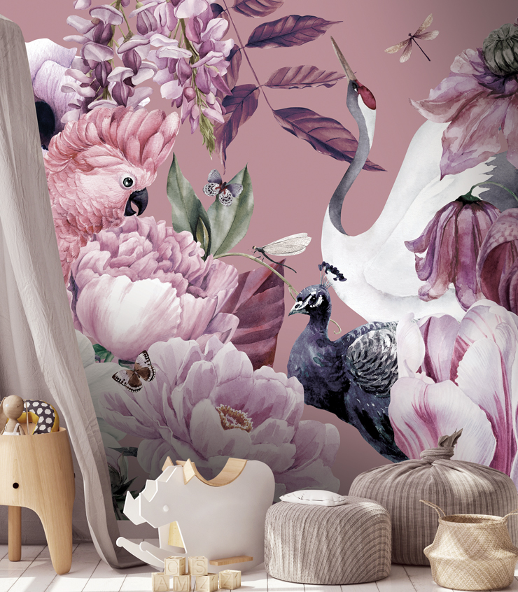 PrintsbyNature-Kidsroom-Wallpaper-Romantic-Flowers-Nature-Birds-Pastel